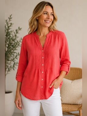 Malvin Coral Linen Button-Front Blouse